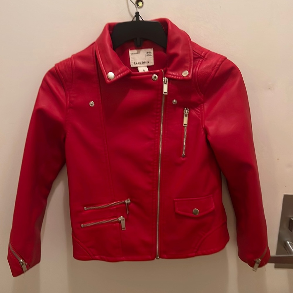Worn once, like New , Zara girls size 10, red leather jacket with silver buttons